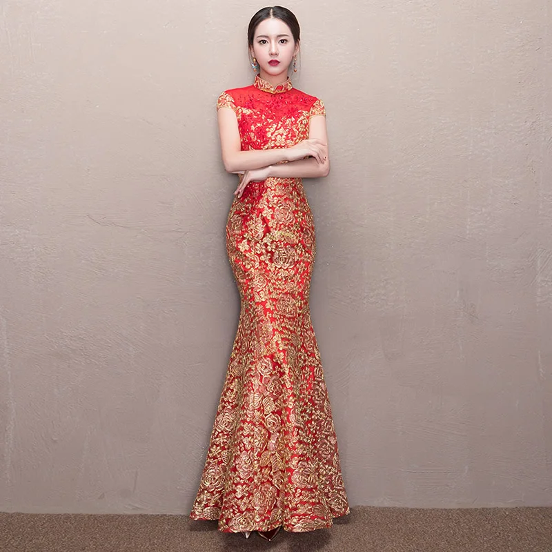 Красное свадебное платье русалки кружева цветок невесты Qipao традиционные китайские платья Длинные винтажные Cheongsam современные женские
