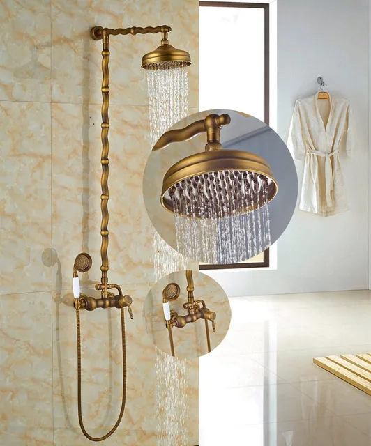 Bathroom Brass Shower Set 8 in Round Shower Head Antique Brass Shower