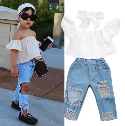 Toddler kid girls clothing Off shoulder sleeve tops Vest ripped hole pants Outfits Baby girl clothes set kids clothing set girls clothing set