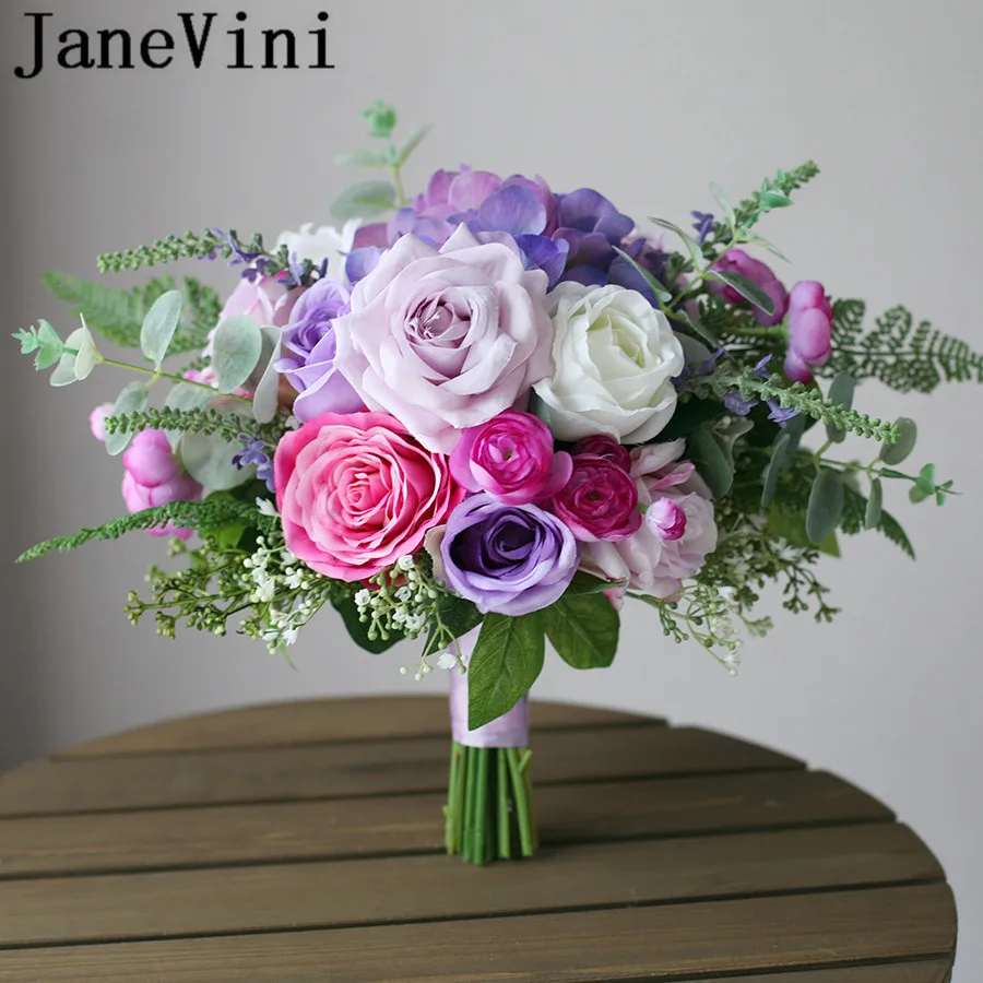 

JaneVini Romantic Brides Bouquet Wedding Flowers Lilac Purple Rose Silk Artificial Bridal Bouquet Stitch Western Wedding Brooch