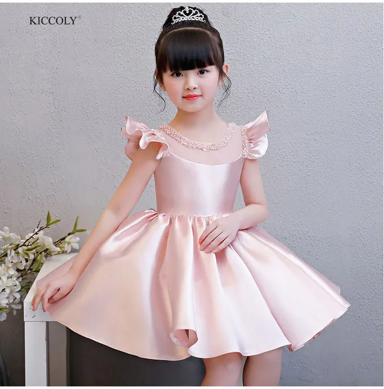 KICCOLY/Коллекция года; элегантное платье для маленьких девочек; летнее платье из тюля с круглым вырезом и бисером для девочек; розовое платье без рукавов; одежда принцессы с большим бантом - Цвет: Pink