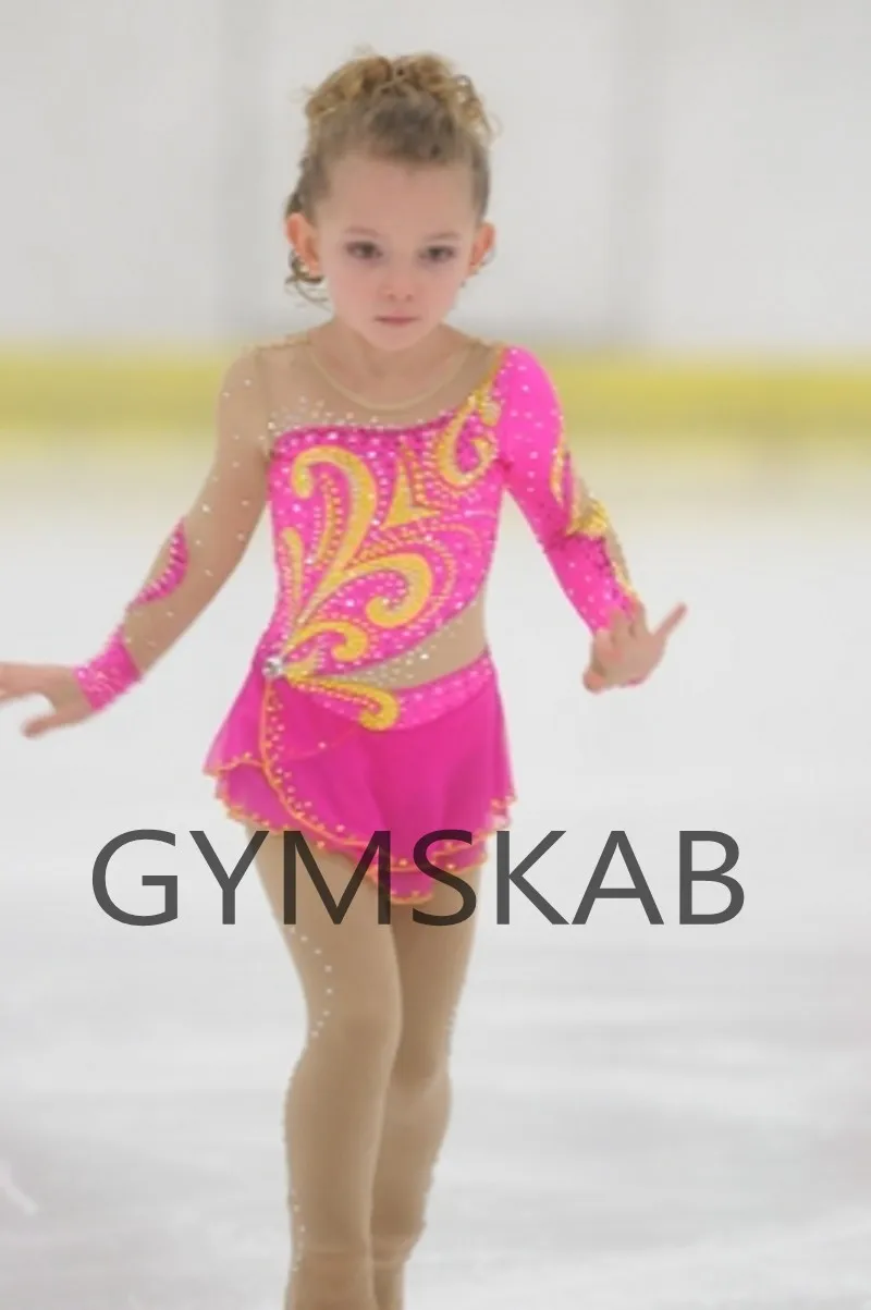 

Graceful Figure Skating Dress Girl's Customized Ice Skating Dress Pink Long-sleeved Gymnastics Costume 8827