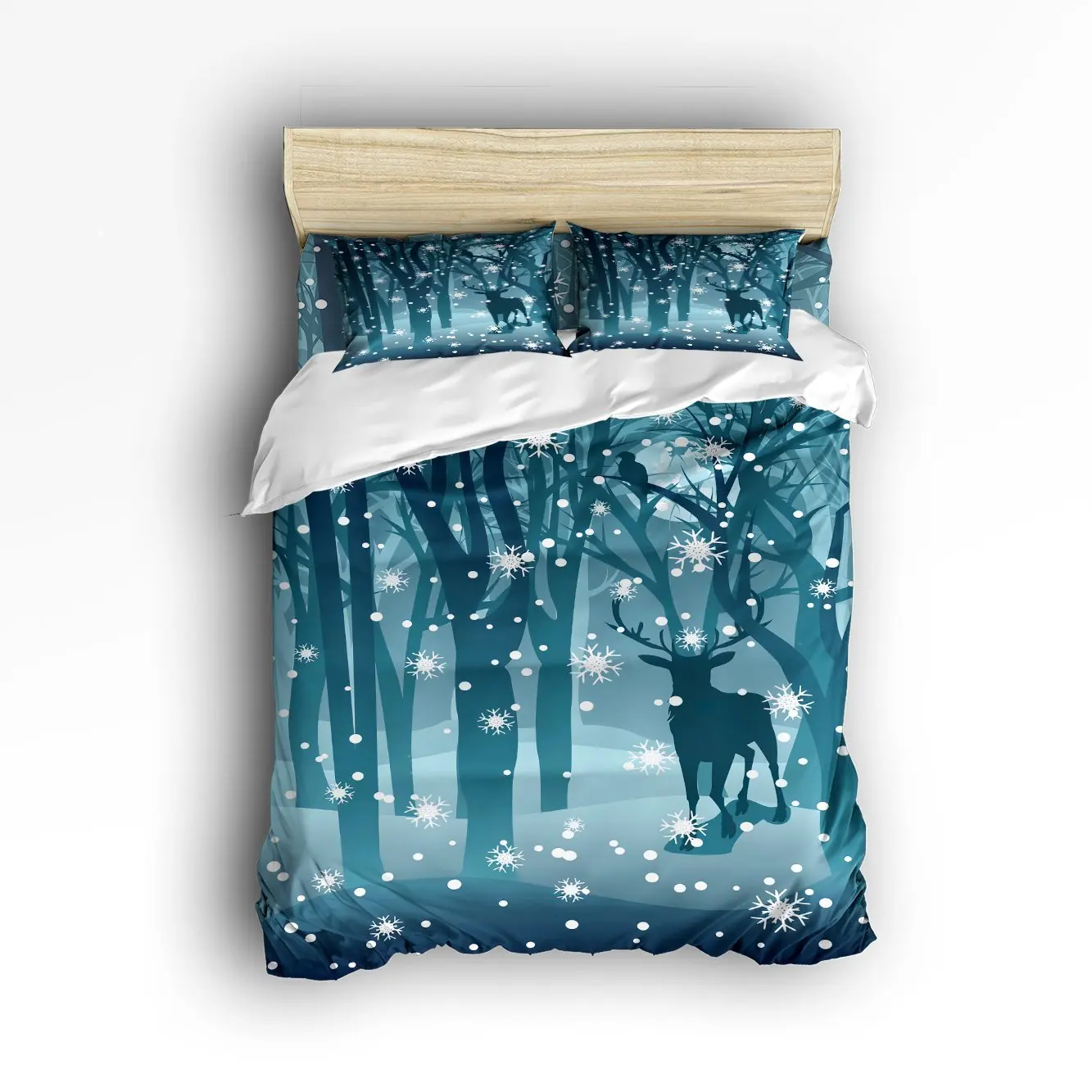 

King Size Bedding Set- Snow Tree Deer Forest Duvet Cover Set Bedspread for Children/Kids/Teens/Adults, 4 Piece