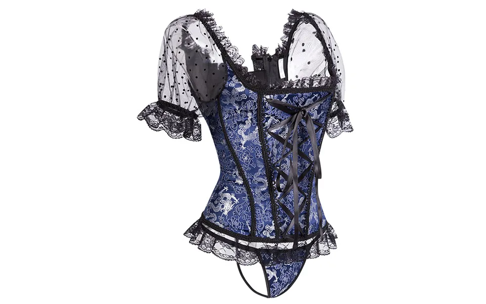 Corset Women Corsets and Bustiers Gothic Lace Up Puff Sleeve Shoulder Straps Brocade Corselet Steampunk Corset Top Black White   (19)