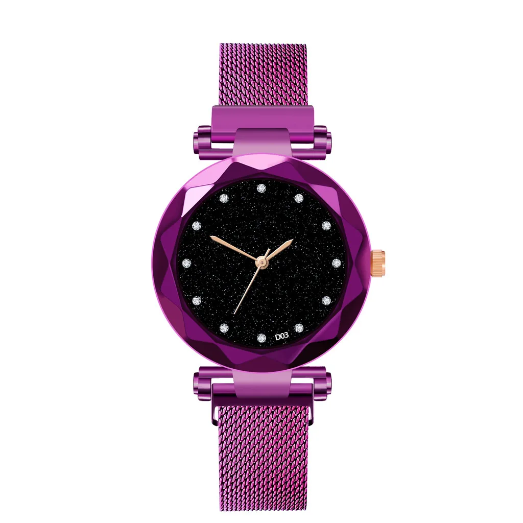Женские часы, Звездный браслет с изображением неба, магнитные часы из нержавеющей стали, кварцевые наручные часы, роскошные часы - Цвет: Purple