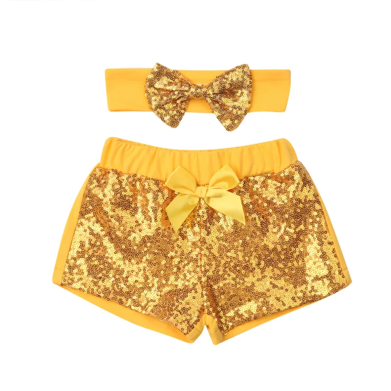 Новое поступление, вечерние шорты с бантиком для новорожденных девочек, 2 предмета популярная летняя одежда для малышей с блестками - Цвет: Золотой