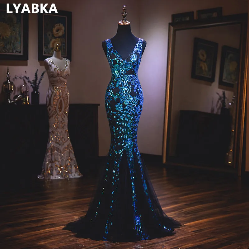 Тюль с блестками вечернее платье Русалка официальное платье Robe de Soiree v-образным вырезом Вечерние платья длинное платье vestido de festa - Цвет: Picture color