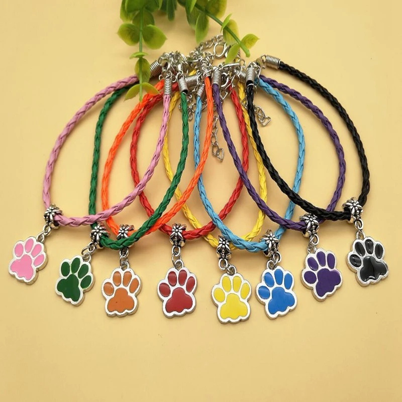 

2016 New Hot Alloy Enamel Drop Glaze Paw Print Dog Paw Charm Pendant Multicolor Leather Cord Bracelet Free Shipping K235