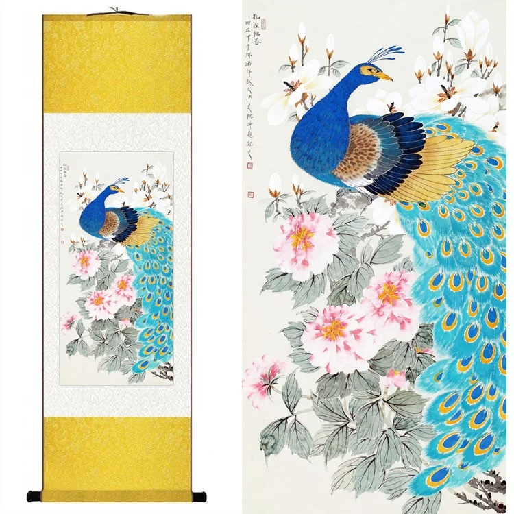 

Traditional Chinese Silk watercolor flower bird Peacock phoenix ink art print canvas wall picture damask framed scroll painting