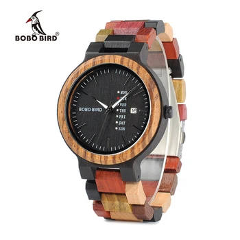BOBO BIRD Unisex Wooden Colorful Week Date Display Quartz Watches