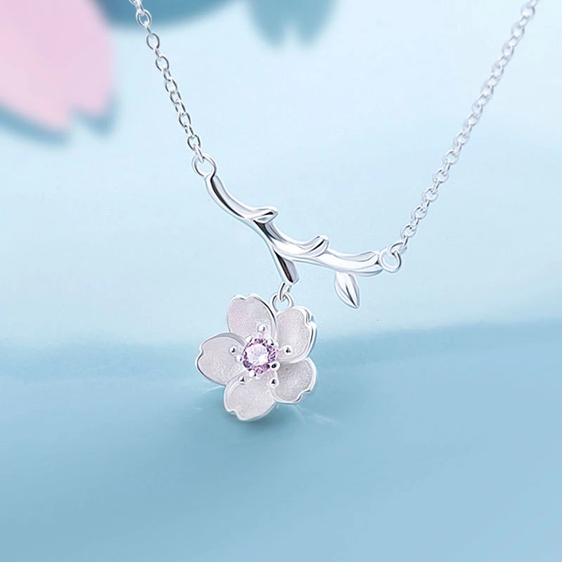 

Branch Cherry Blossom Korean 925 Sterling Silver Temperament Personality Fashion Female Jewelry Necklace SNE017