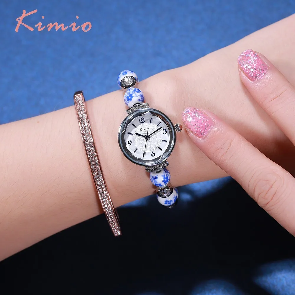 KIMIO Retro Really Chinese Ceramic Watch Blue And White Porcelain China Auspicious Pattern Bracelets Women Watches Luxury Brand
