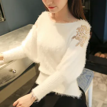 

plus big size sweater women spring autumn winter 2016 feminina new outfit mohair white pink sweater coat bat sleeve female A2139