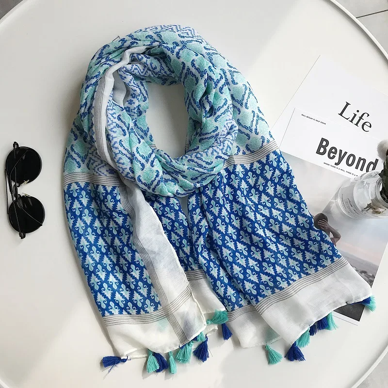 

2019 Spring Newest Vintage Flower Print Tassel Scarves Shawls Beach Travel Long Floral Muffler Wrap Hijab 5 Color Free Shipping