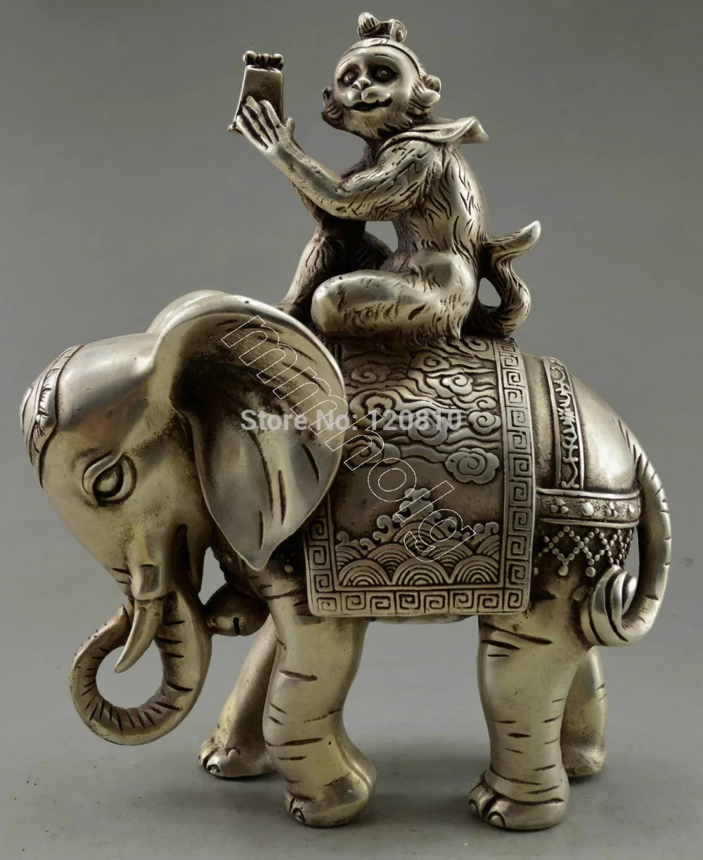 

Collectible Decorated Old Tibet Silver Carve Monkey Hold Seal On Elephant Statue