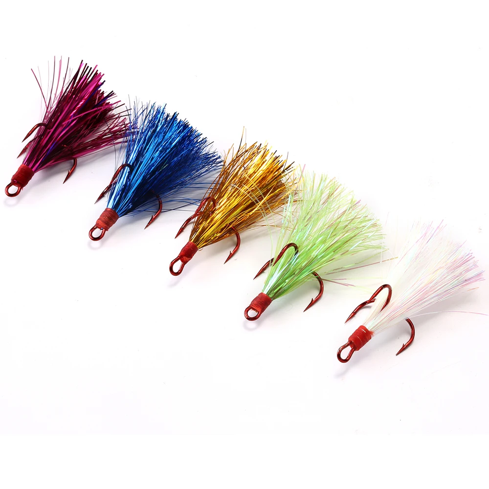 JSM 15pcs/box lure accessories fishing Treble Hook with feather Teaser Tail flash Hook for spoon bait fly fishing lures