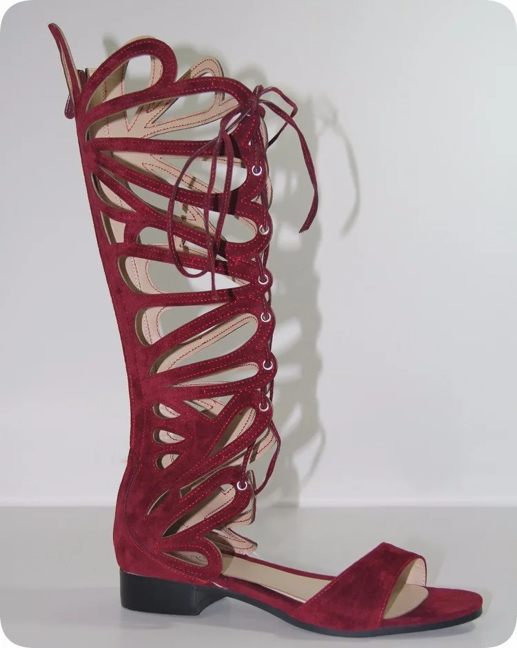

THEMOST Popular Style Women Knee High Sandals Lace up Back Zip Cut Out Flat Roman Gladiator Shoes