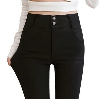 

Women Autumn Elasticity Solid Color Pants Two Button Plus Velvet Slim Skinny High Waist Bottoming Warm Black Trousers