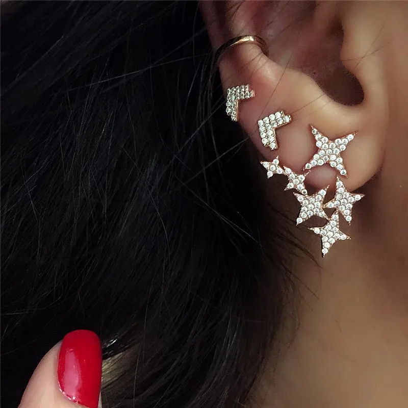 

3pcs Luxury Crystal Star Wedding Earrings Set For Women Fashion Gold Color Stud Earrings 2018 Statement Bridal Jewelry