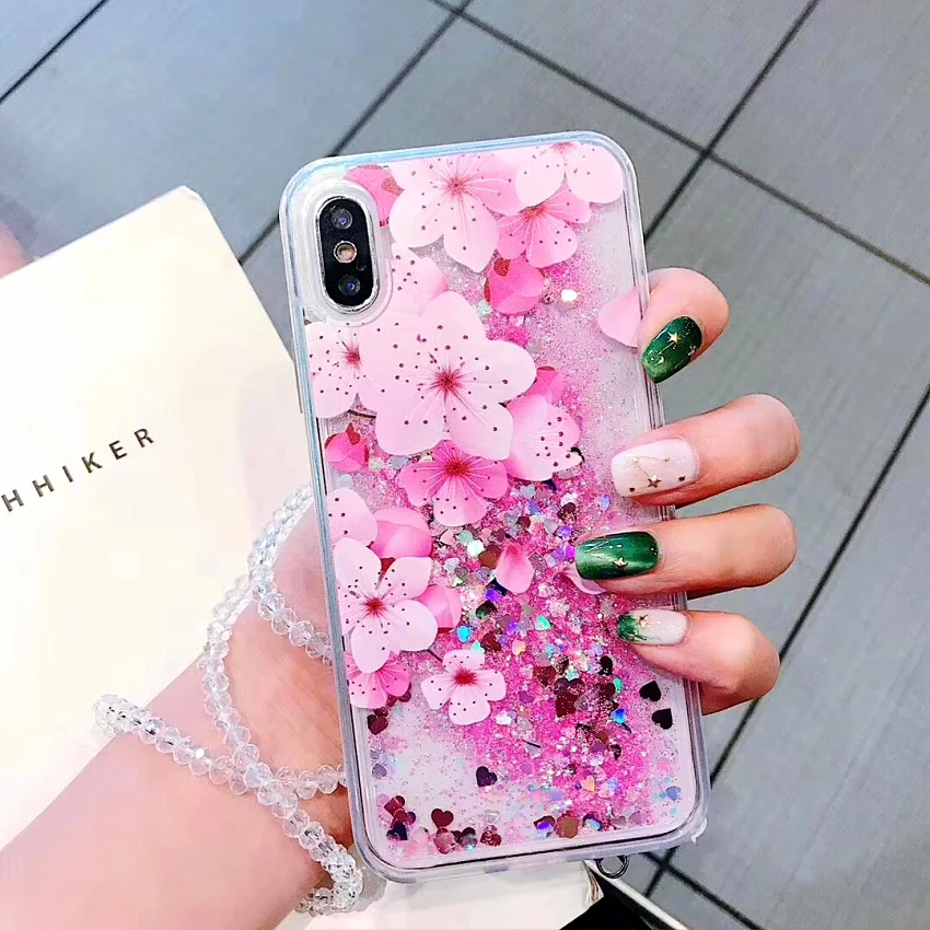 PINK LIPS Luxury Glitter Quicksand Peach blossom Case For iphone  XR X XS Max 6 6S 7 8 Plus Flower Liquid Case With Crystal rope (4)