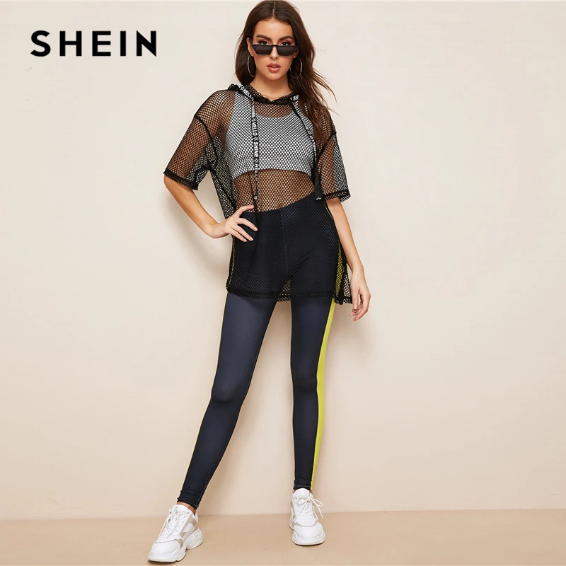 SHEIN, черный топ с капюшоном с буквенным принтом и сеткой, Длинный топ, женская летняя футболка с заниженным плечом, рукав до локтя, Повседневная Уличная футболка, топы