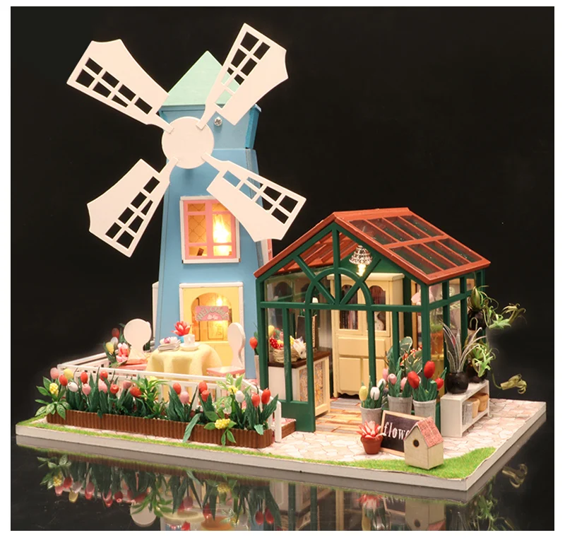 DIY Кукольный дом, деревянные кукольные домики, миниатюрная мельница, цветочный домик, кукольный домик, набор мебели, игрушки для детей, рождественский подарок