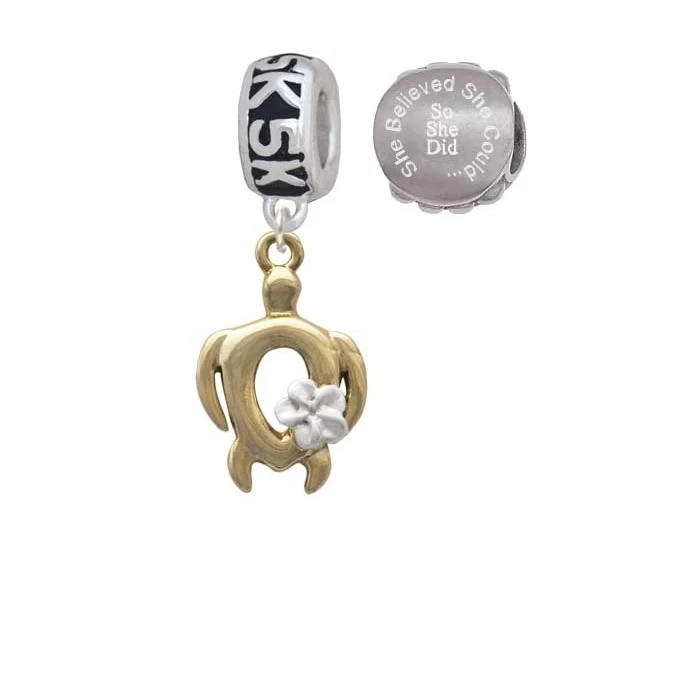 Goldtone Open Sea Turtle with White Plumeria 5K Run She Believed She Could Charm Beads (Set of 2)