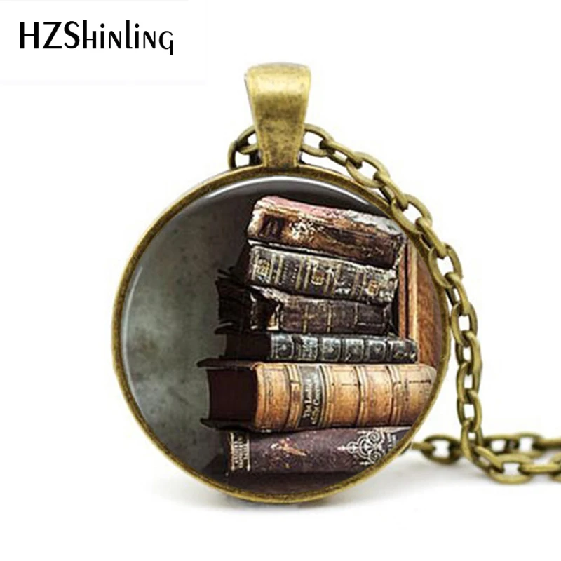 

New Trendy Stack Of Antique Books Pendant Necklace Vintage Book Jewelry Glass Cabochon Pendants Gift For Reader Or Writer HZ1
