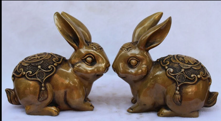 

5"Chinese Fengshui Pure Bronze Zodiac Year Animal Rabbit Cony Lapin Pair Statue