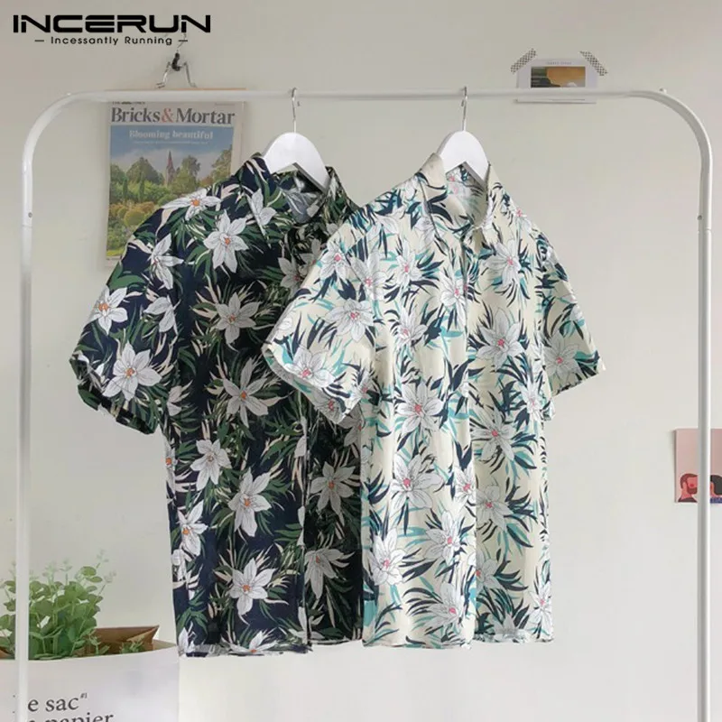 INCERUN Летняя мужская гавайская рубашка с цветочным принтом, короткий рукав, воротник с отворотом, мужские брендовые рубашки Camisa Masculina размера плюс