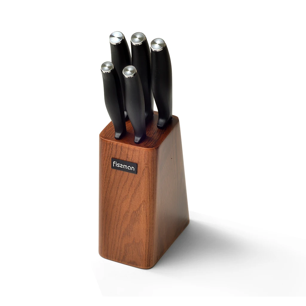 FISSMAN Stainless Steel Kitchen Knife Set with Wooden Knife Block-5pcs Knives inc Chef Santoku Boning Utility Paring Knife