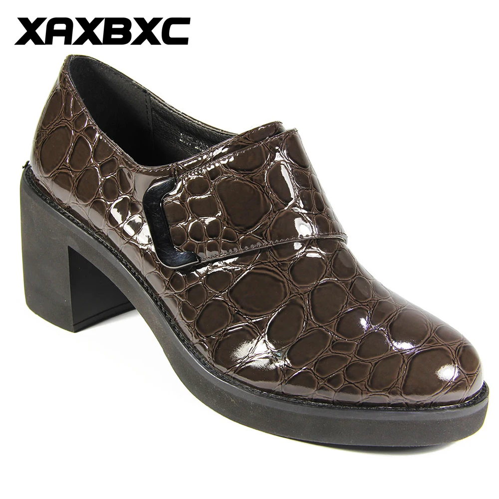 

XAXBXC 2018 New Spring Brown Stone Texture Leather High Heels Oxfords Women Pumps Handmade Casual Ladies Shoes