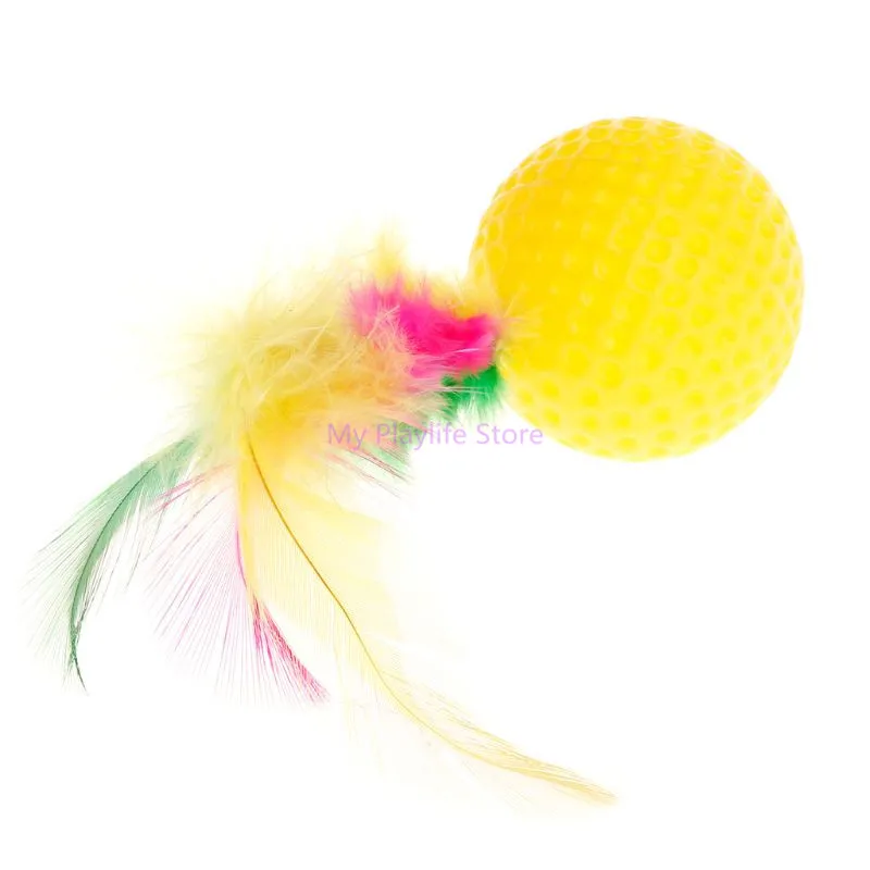 Cat Teaser Golf Ball Feather Toy Colorful Squeaky Chew Play Interactive