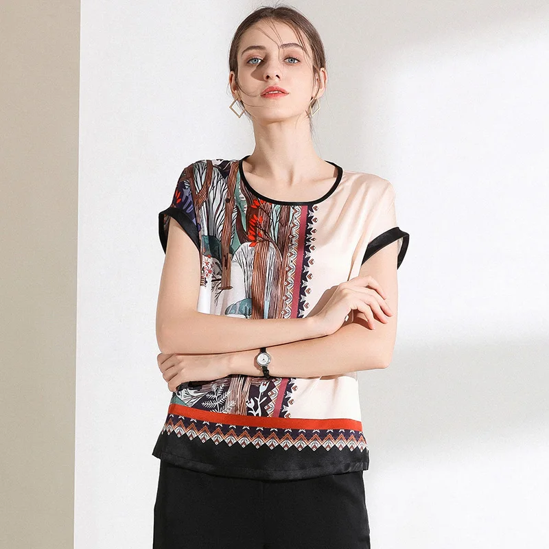 

Tees Women 100% Silk Simple Positioning Print Fabric O Neck Short Sleeves 3 Colors Short Sleeve Casual Top New Fashion 2019