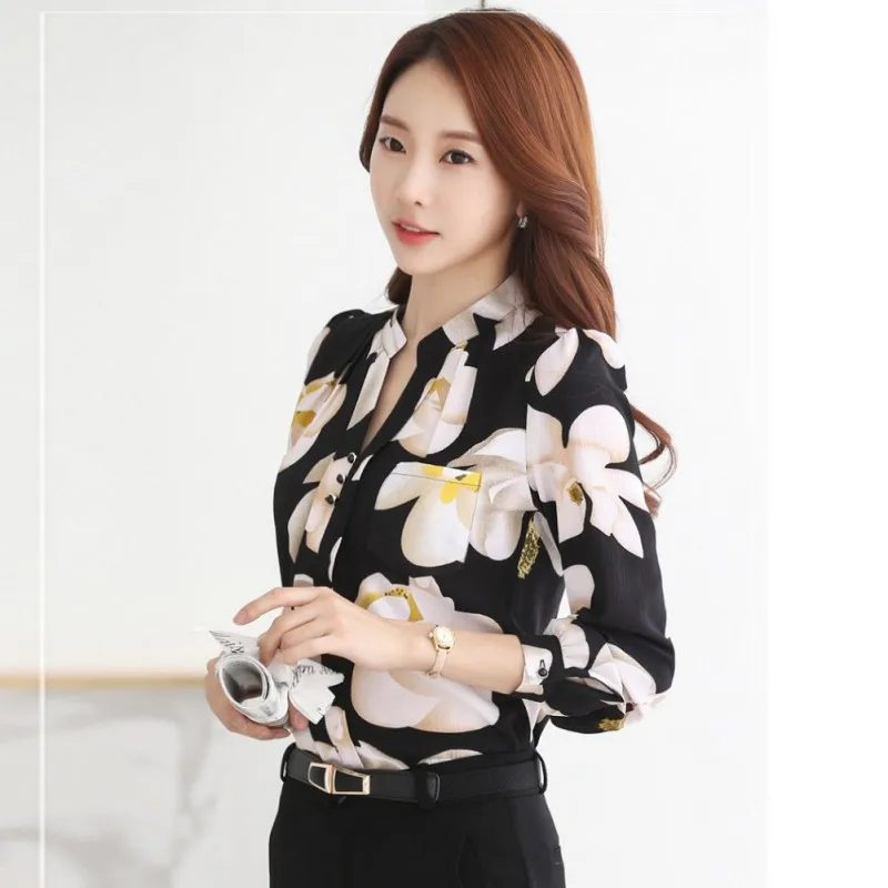 Женская Осенняя модная шифоновая блузка с v-образным вырезом s обтягивающая шифоновая блузка женская офисная одежда рубашки топы размера плюс блузки