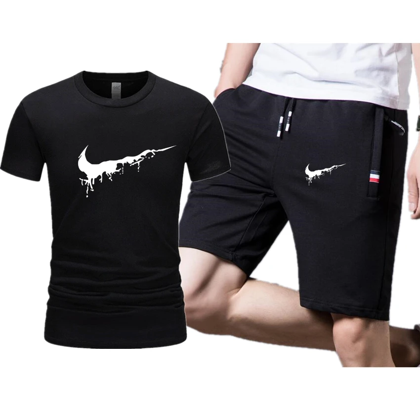 

Two Piece Set Men Short Sleeve T Shirt Cropped Top+Shorts Men's Tracksuits 2019 New Causal Sportswear Tops Short Trousers