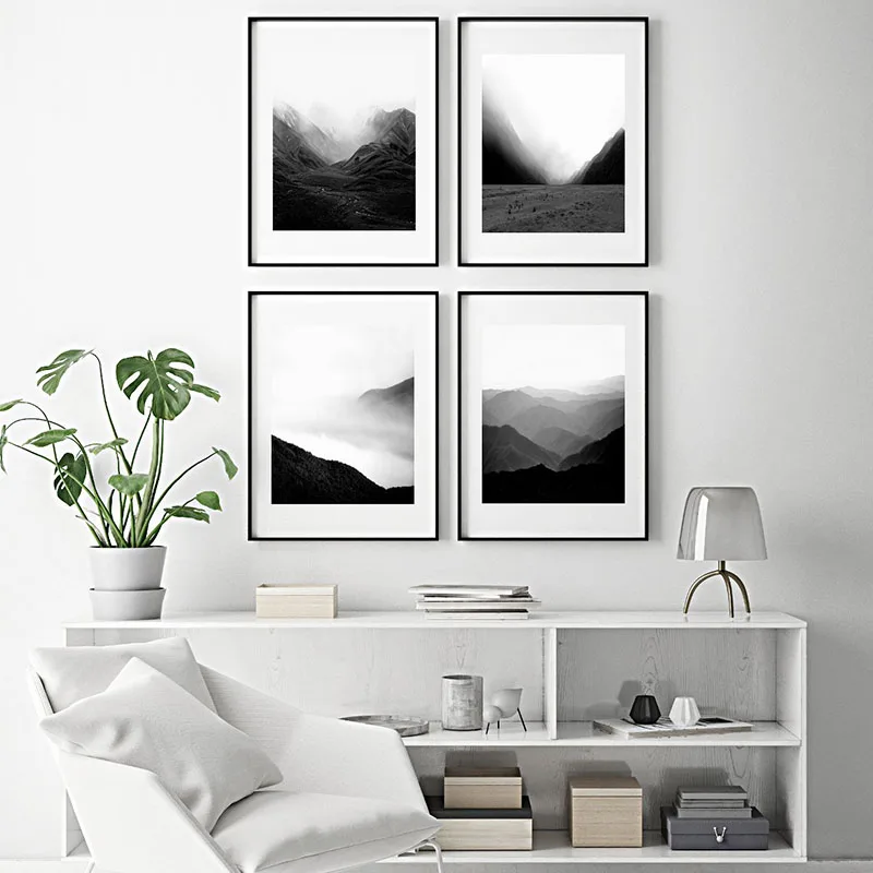 

Modern Nature Wall Art Foggy Mountains Canvas Painting Landscape Black Posters and White Prints Pictures for Living Room Decor