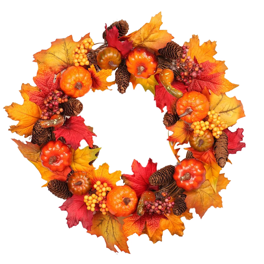 Fall Front Door Wreaths 18 Inch Pumpkin Harvest Wreath Autumn Mum Wreath Silk Maple Leaves For Thanksgiving Day