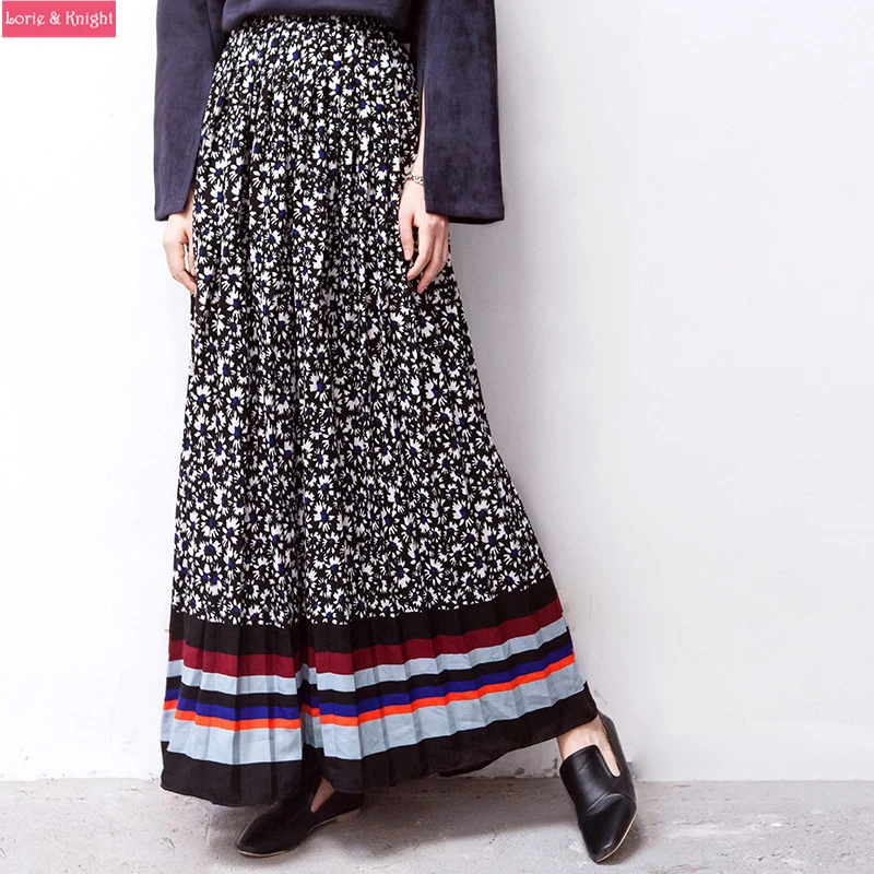 Весна Зеленый Цветочный Принт Богемия Плиссе Длинная Юбка|pleated long skirt|long skirtpleated