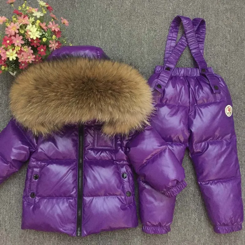 purple Г. Детский лыжный костюм для маленьких мальчиков на русскую зиму Детская куртка на утином пуху для девочек, пальто, комбинезоны теплая куртка детский комплект для девочек - Color: purple