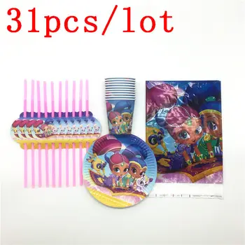 

31Pcs/lot Shimmer And Shine Theme Paper Cup Plate Family Party Kid Birthday Party Wedding Straw Tablecloth Decoration Set Supply