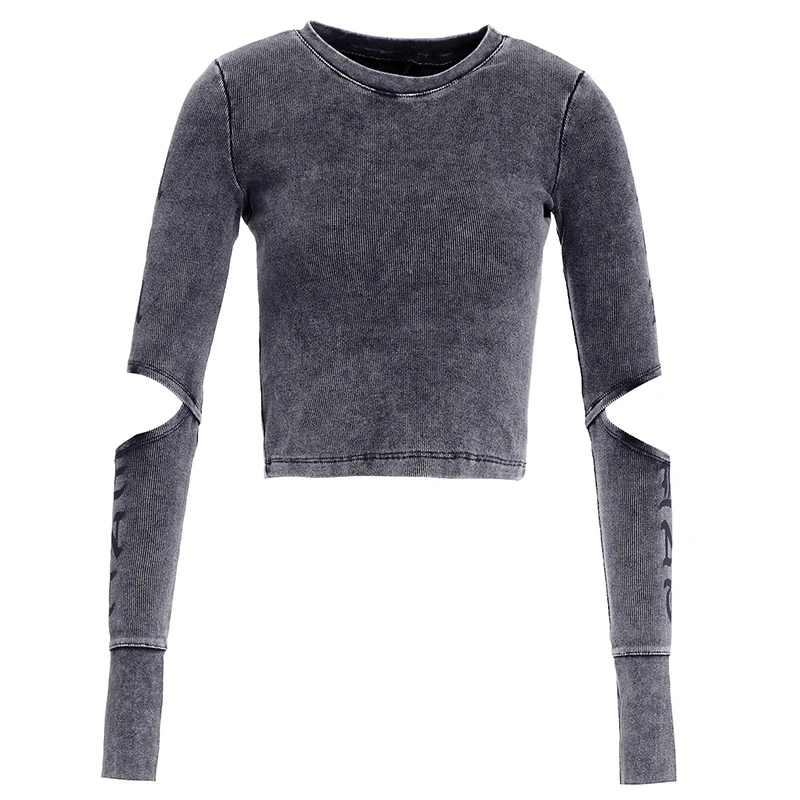 

PERHAPS U women grey letter o neck long sleeve hole sexy spring autumn tight leaking belly short top B0287
