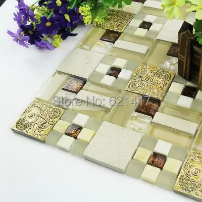 glass mosaic mixed stone with shell gold resin