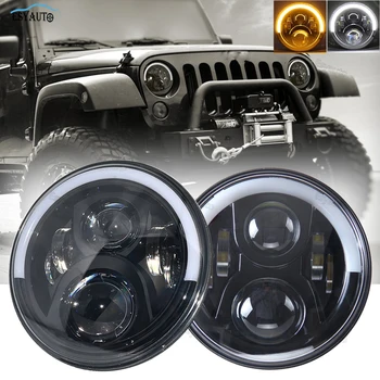 

2PCS x 7" Round Hi/Lo Beam LED Headlights With Half Top Halo Ring Angel Eyes / Turn Signal Headlight For Wrangler JK TJ LJ