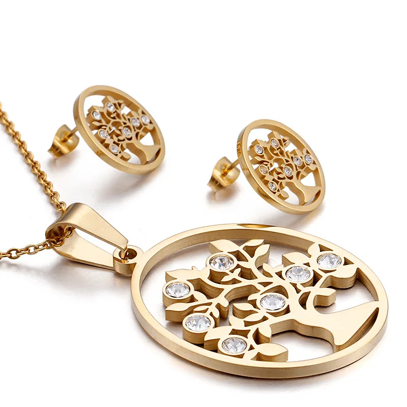 

316L Stainless Steel White CZ Big Tree Jewelry Set For Women Choker Necklace Earrings Plant Wedding Decoration Christmas Gift