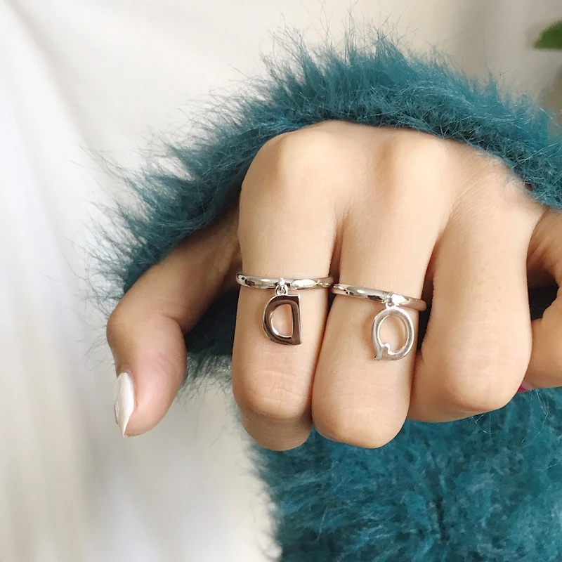 

925 Sterling Silver Letters Rings For Women Simple 26 Letters Dangle Open Rings Fashion Statement Jewlery Anillos Mujer Gifts