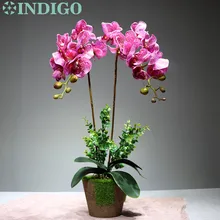Индиго-фиолетовый пятно орхидеи цветок аранжирование(2 орхидеи+ 2 листа) Настоящее прикосновение свадебный цветок обеденный стол украшения