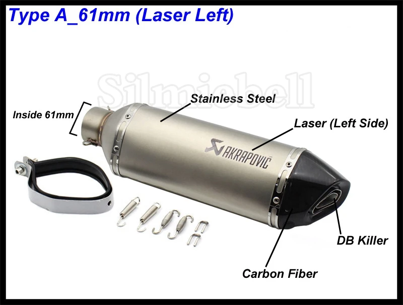 Универсальный мотоцикл выхлопной модифицированный Akrapovic глушитель FZ6 CBR250 CB600 MT07 ATV Dirt Pit Bike выхлопной вход 51 мм 61 мм - Color: A-61mm (Laser Left)