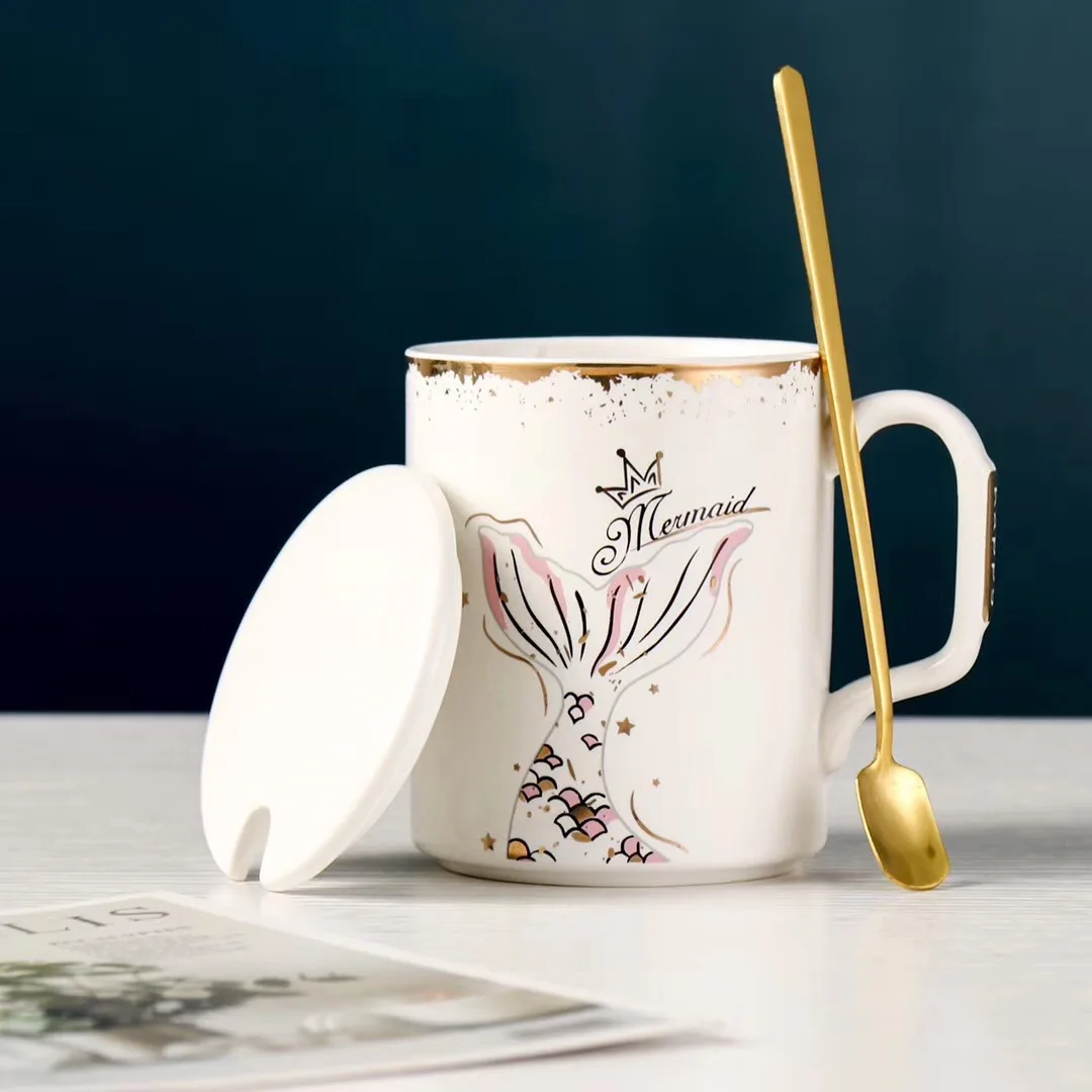 

Gold Design Mermaid Porcelain Cups 450ml Ceramic Coffee Mug with Spoon Lid Home Milk Tea Cute Cups Girl Gift