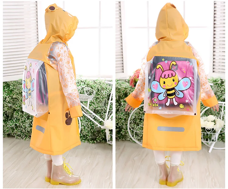8.Waterproof kids raincoat with school bag Children's rain coat Inflated cap brim cute cartoon Long rain jacket
